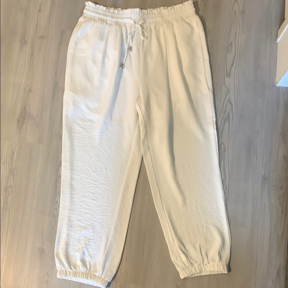 Pants - Cream Elastic Waist Track Pants with Cuffed Ankles